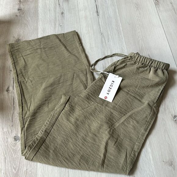 Kiczoy women’s high waist wide leg pants, draw string tie, size XS Green NWT - Picture 5 of 6